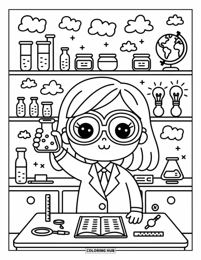 Teacher Coloring Page for Adults: A smiling science teacher with puffs of clouds holds a beaker beside doodles and experiments
