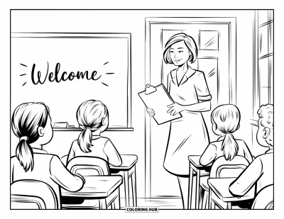 Teacher Coloring Page for Adults: A smiling teacher in a dress greets uniformed students by a welcome board and classroom window