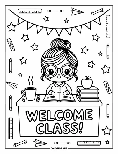 Teacher Coloring Page for Adults: A smiling teacher sits at a busy desk as classroom doodles and a welcome banner fill the air
