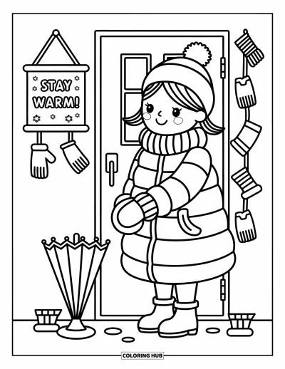 Teacher Coloring Page for Adults: A smiling teacher stands by the classroom door, snowflakes falling near cozy winter accessories