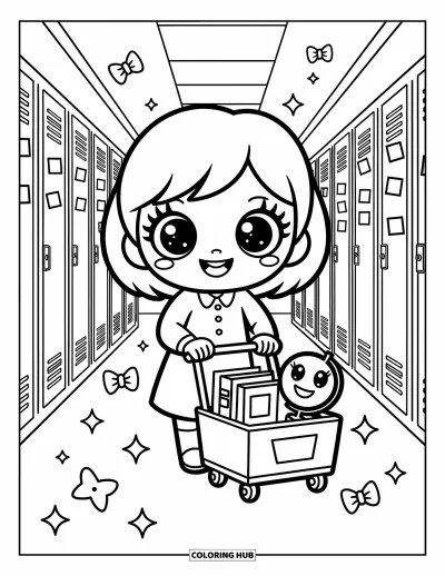 Teacher Coloring Page for Adults: A smiling teacher walks with a cart of books and a globe past lockers with cheerful stickers