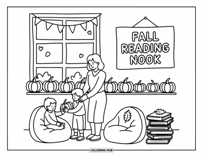 Teacher Coloring Page for Adults: A teacher and kids arrange pumpkins near books and beanbags under a fall-themed reading nook sign