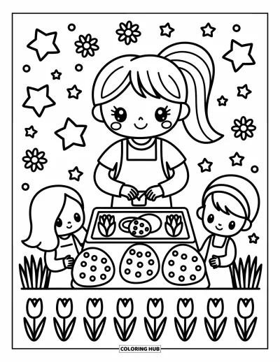 Teacher Coloring Page for Adults: A teacher and students decorate eggs with tulips, stars, and sticker-like flowers all around