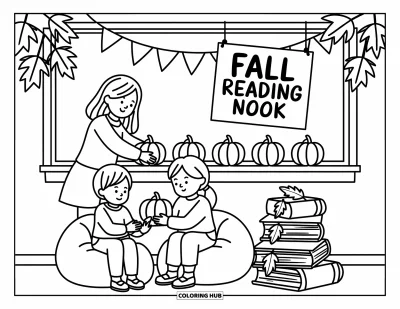Teacher Coloring Page for Adults: A teacher helps two students arrange mini pumpkins under a Fall Reading Nook sign