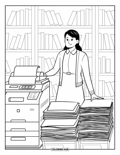 Teacher Coloring Page for Adults: A teacher in a cardigan stands beside a copier as paper sheets and books fill the room
