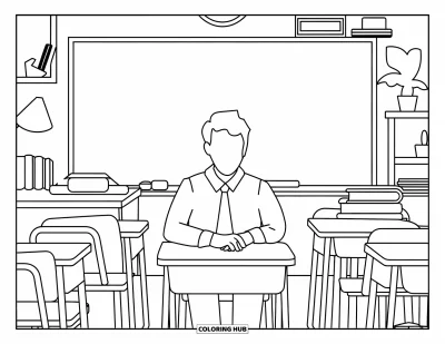 Teacher Coloring Page for Adults: A teacher in a tie sits alone at lunch, surrounded by books, a lamp, and soft clutter