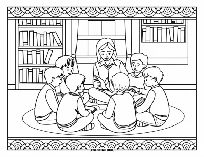 Teacher Coloring Page for Adults: A teacher leads a small reading circle on the floor, surrounded by bookshelves and windows