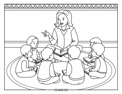 Teacher Coloring Page for Adults: A teacher points to a book while kids sit with open books in a patterned reading circle