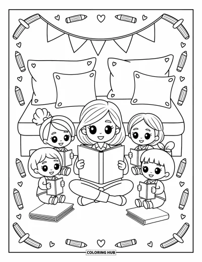 Teacher Coloring Page for Adults: A teacher reads in a cozy nook with three kids holding notebooks and books all around