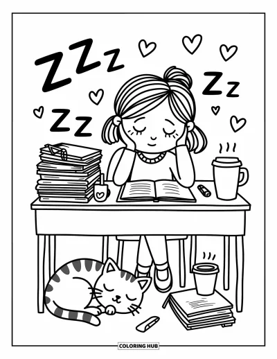 Teacher Coloring Page for Adults: A teacher sits tired at her desk with a pile of papers and a cozy cat below