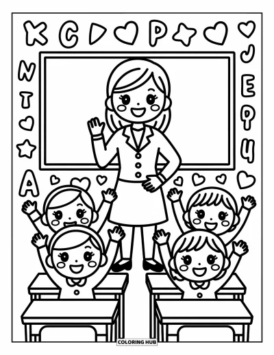 Teacher Coloring Page for Adults: A teacher stands by the board as four excited students raise their hands with joy
