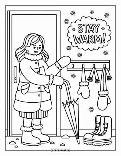 Teacher Coloring Page for Adults: A teacher stands by the door, shaking off snow beside cozy winter gear and a sweet sign
