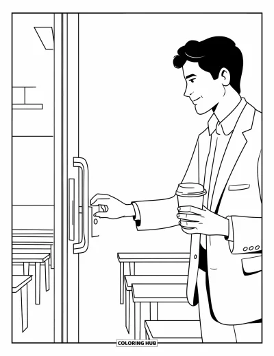 Teacher Coloring Page for Adults: A teacher unlocks the classroom door in the morning, coffee in hand, near benches and clean lines