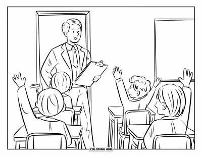 Teacher Coloring Page for Adults: A teacher with a clipboard greets students raising their hands near desks and a chalkboard