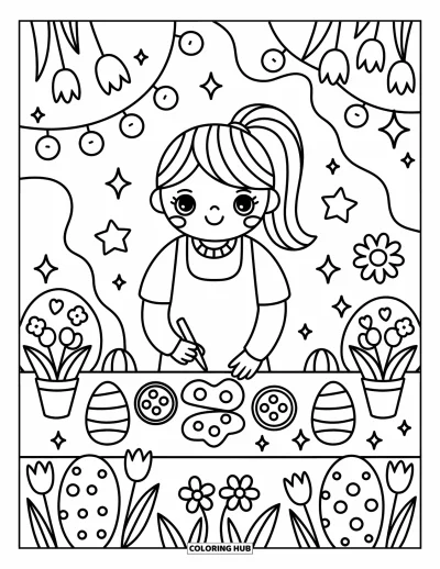 Teacher Coloring Page for Adults: A teacher with a ponytail assists students at a craft station with eggs, tulips, and flowers