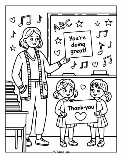 Teacher Coloring Page for Adults: A warm teacher stands near a chalkboard while students present her with a sweet thank-you card