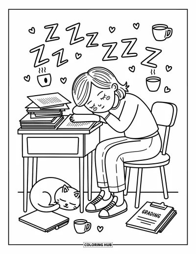 Teacher Coloring Page for Adults: A weary teacher leans on her desk with a sleepy cat and floating hearts around her
