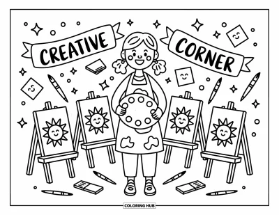 Teacher Coloring Page for Adults: An art teacher smiles with a large palette, surrounded by tiny easels and playful paint details