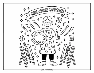 Teacher Coloring Page for Adults: An art teacher with a big palette stands among easels and floating paintbrushes and squiggles