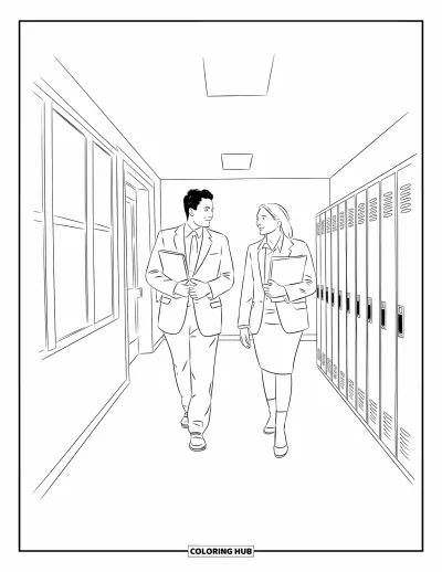 Teacher Coloring Page for Adults: Teachers walk side by side with folders in hand down a peaceful hallway with lockers and windows