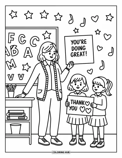 Teacher Coloring Page for Adults: Two students hand a giant card to their smiling teacher near a doodled chalkboard