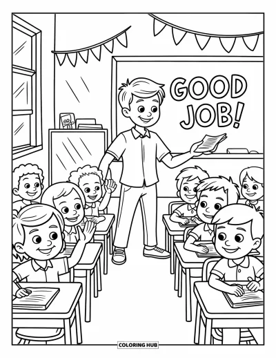 Teacher Coloring Page for Kids: A boy teacher with spiky hair shares papers with excited kids in a bright classroom