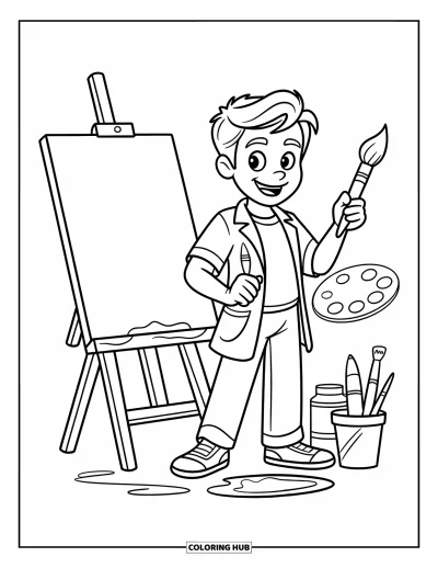 Teacher Coloring Page for Kids: A cheerful art teacher stands by a canvas with paint supplies scattered around the floor