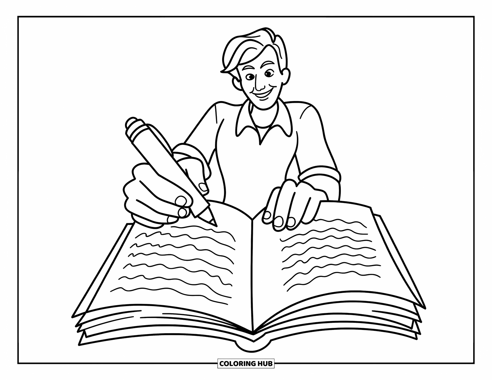 Lehrer Ausmalbild für Kinder: Eine fröhliche Lehrerin fügt einem Schüleraufsatz Notizen hinzu, während sie in einer lebhaften, ausdrucksstarken Klassenzimmerszene sitzt