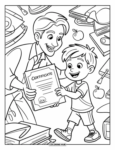 Teacher Coloring Page for Kids: A cheerful teacher gives a certificate while a proud student beams among books and caps