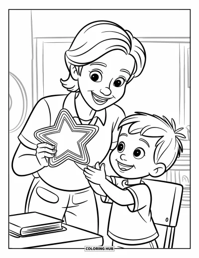 Teacher Coloring Page for Kids: A cheerful teacher gives a star sticker to a smiling child near a desk