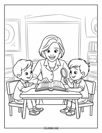 Teacher Coloring Page for Kids: A cheerful teacher helps two kids explore a book together in a bright classroom setting