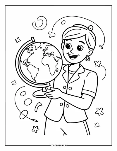 Teacher Coloring Page for Kids: A cheerful teacher holds a globe with little animals and floating stars around