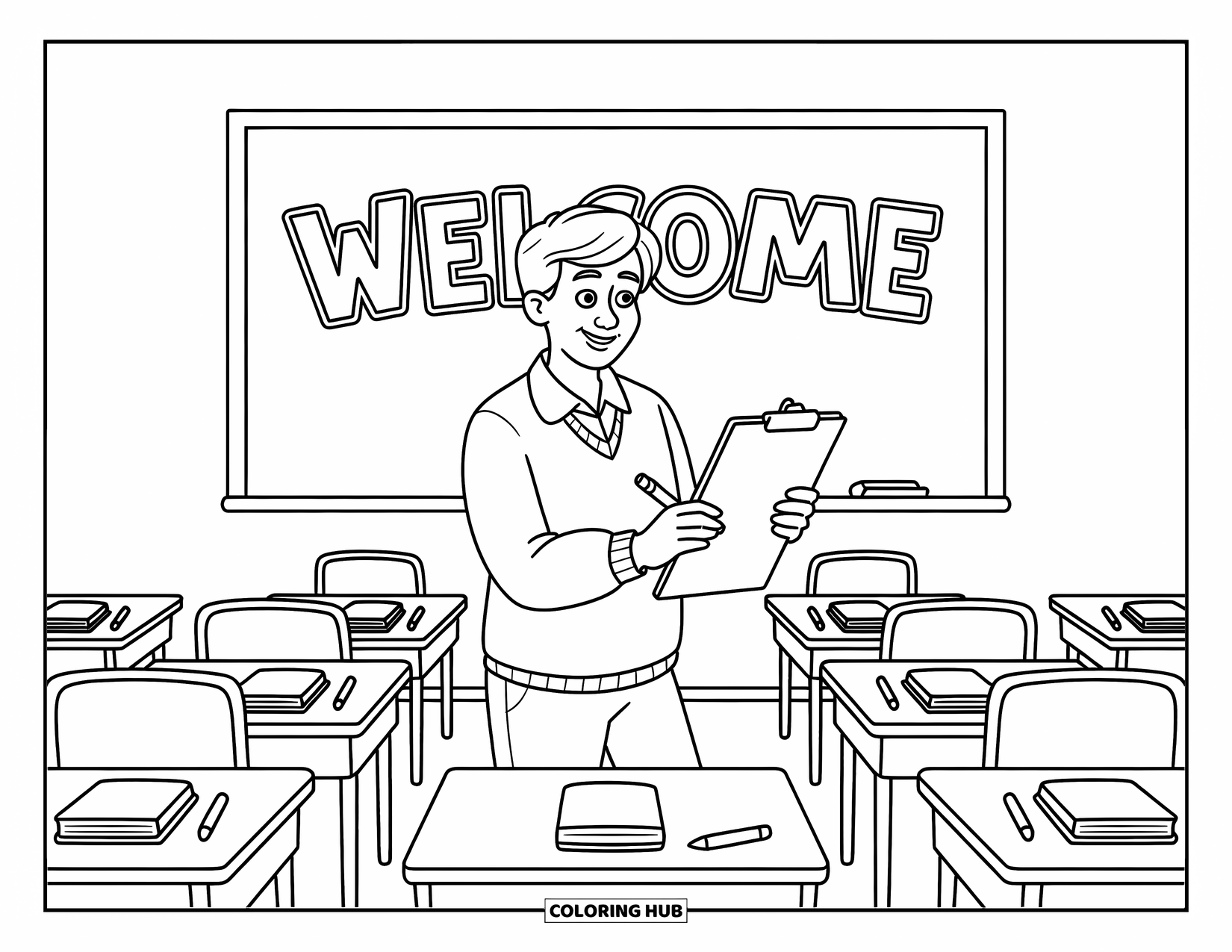Lehrer Ausmalbild für Kinder: Eine fröhliche Lehrerin in einem gemütlichen Pullover kontrolliert Schreibtische in der Nähe einer Tafel, auf der „WILLKOMMEN“ steht