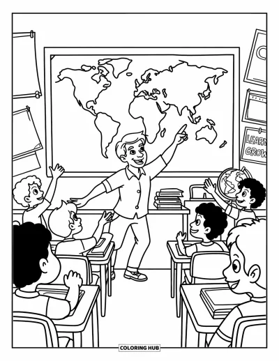 Teacher Coloring Page for Kids: A cheerful teacher points to a map while excited students raise their hands to join in