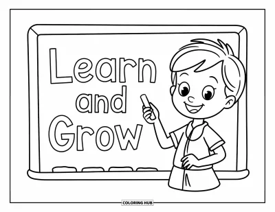 Teacher Coloring Page for Kids: A cheerful teacher points to “LEARN AND GROW” on a board with fun drawings