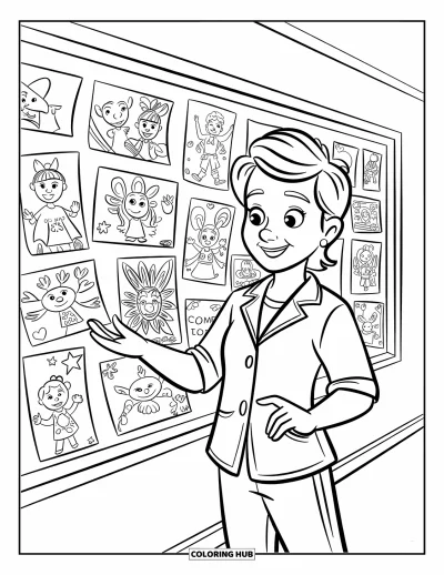 Teacher Coloring Page for Kids: A cheerful teacher stands beside a bulletin board filled with stars, hearts, and animals