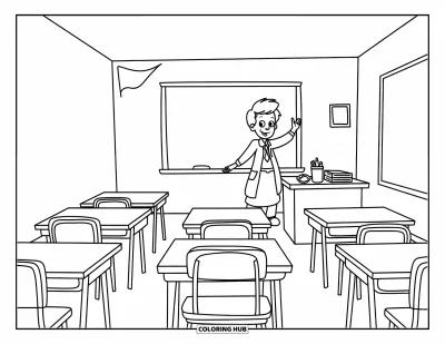 Teacher Coloring Page for Kids: A cheerful teacher stands near a chalkboard with a crayon box on the floor