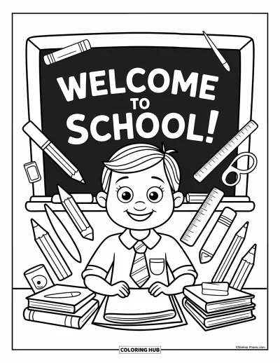 Teacher Coloring Page for Kids: A cheerful teacher stands near a chalkboard with school supplies all around