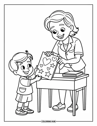 Teacher Coloring Page for Kids: A cheerful teacher stands with a book while a smiling child offers a card