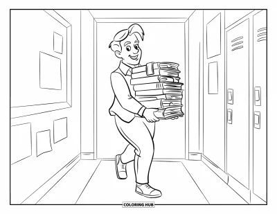 Teacher Coloring Page for Kids: A cheerful teacher walks through the hallway carrying papers and folders with energy and ease