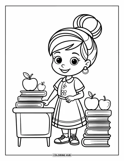 Teacher Coloring Page for Kids: A cheerful teacher with a bun stands by a desk with books and apples