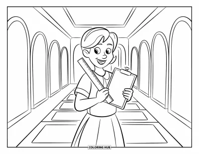 Teacher Coloring Page for Kids: A cheerful teacher with a ruler and clipboard stands in a hallway with tall doors