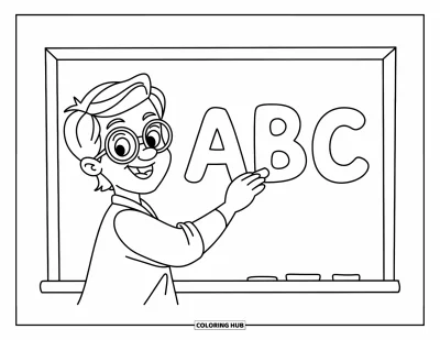 Teacher Coloring Page for Kids: A cheerful teacher with glasses writes “ABC” while stars and shapes decorate the board