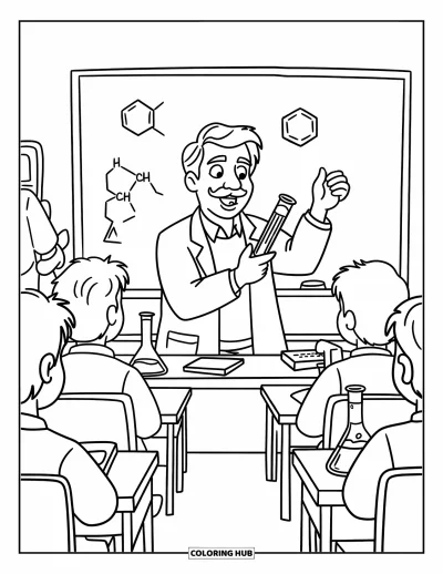 Teacher Coloring Page for Kids: A chemistry teacher explains reactions while holding a test tube in front of curious students