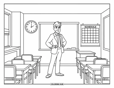 Teacher Coloring Page for Kids: A classroom scene with a teacher in a suit, desks, a large clock, and windows nearby