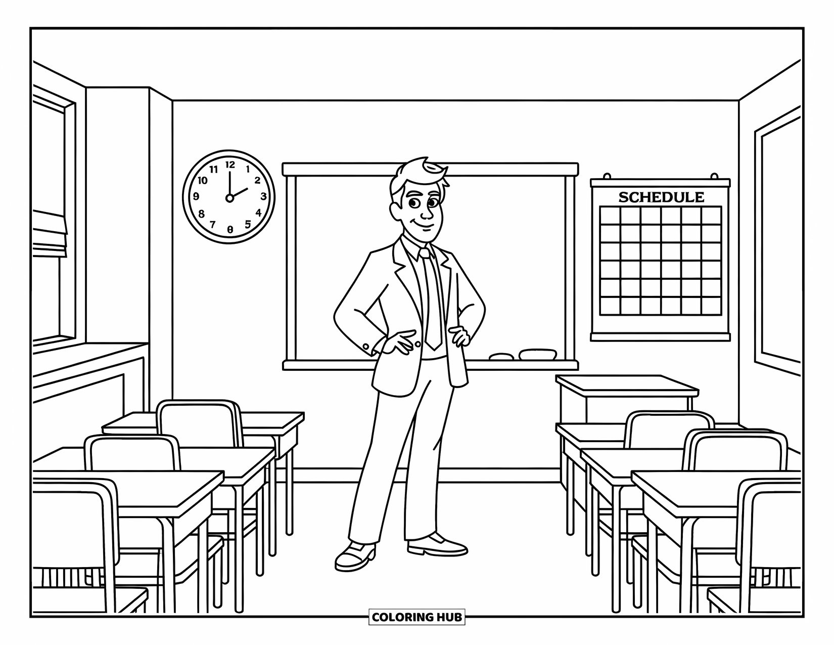 Lehrer Ausmalbild für Kinder: Eine Klassenzimmerszene mit einem Lehrer im Anzug, Schreibtischen, einer großen Uhr und Fenstern in der Nähe