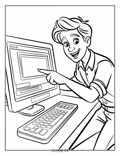 Teacher Coloring Page for Kids: A computer teacher points at a screen with a keyboard nearby, full of fun tech details
