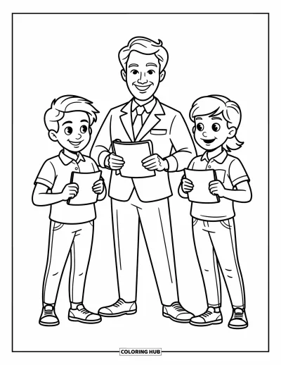 Teacher Coloring Page for Kids: A friendly debate coach and two students hold notecards, sharing ideas with expressive faces