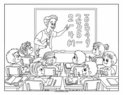 Teacher Coloring Page for Kids: A friendly teacher gestures at a math board while kids write in their notebooks