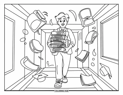Teacher Coloring Page for Kids: A friendly teacher walks down the hall with papers and fun school elements like backpacks and caps